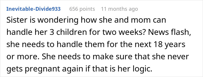 Screenshot of a Reddit comment about sister mooching off brother and refusing to manage her children independently.