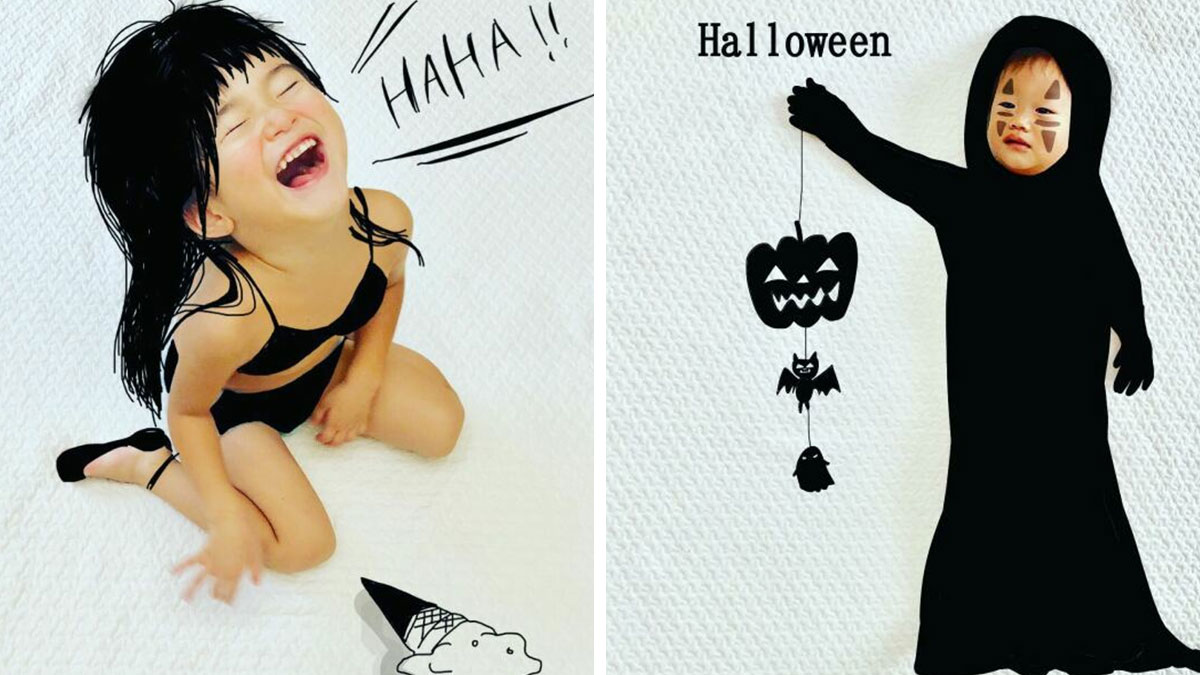 Japanese father draws on his kids photos adding playful Halloween and funny illustrations for adorable creative results