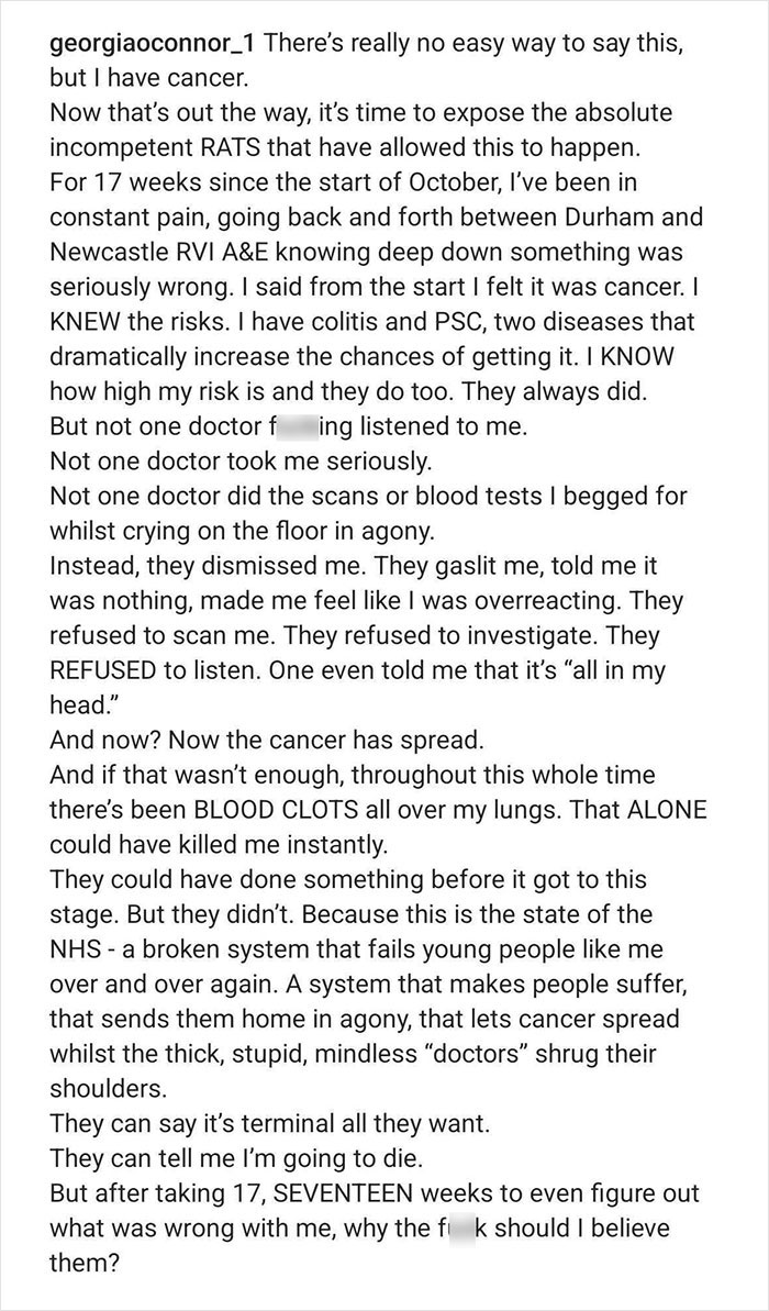 Text post by pro boxer Georgia O’Connor sharing her cancer diagnosis and struggles with NHS medical care.