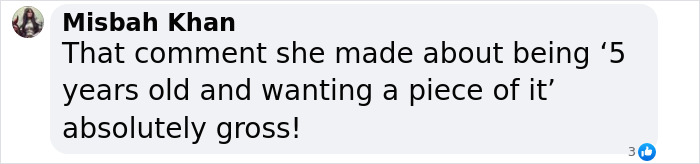 Comment from Misbah Khan criticizing Miley Cyrus sister Noah’s revealing look and post about Hannah Montana as gross.