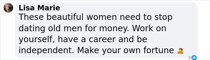 Comment from Lisa Marie advising women to be independent and avoid dating older men for money, reflecting Playboy bunnies' views on intimacy.