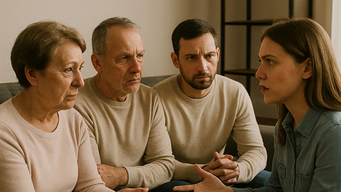 Family siblings having a tense discussion as sister refuses to turn her home into a shelter for brother’s family.