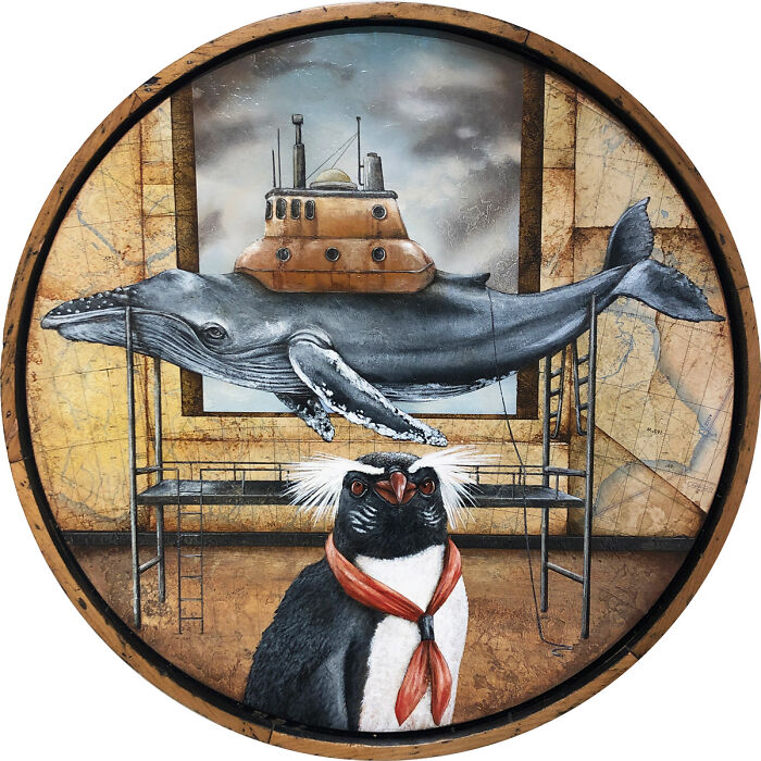 Surreal animal painting featuring a penguin with wild feathers and a whale with a ship structure on its back in a dreamy setting.