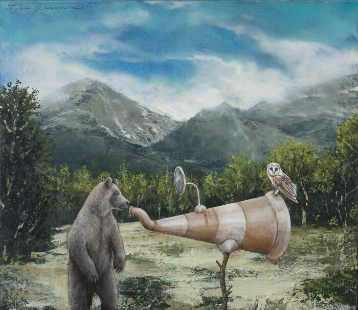 Surreal animal paintings featuring a bear and an owl with a dreamy, storybook-like hunting horn in a forest landscape.