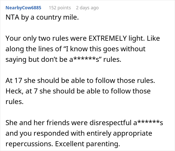 Reddit comment praising enforcing basic boundaries on daughter's sleepover as appropriate and excellent parenting.